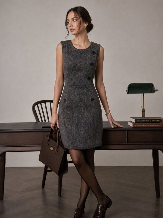 Next Dresses & Skirts - Next NWT Grey Tweed Herringbone Sheath Dress Sleeveless Button Detail Workwear